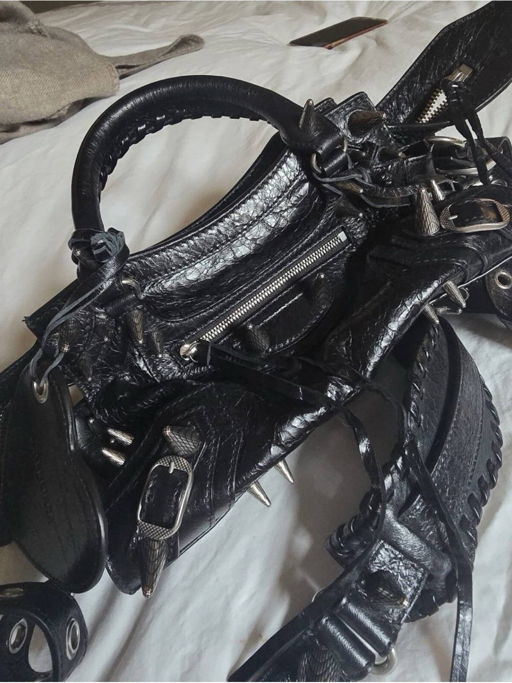 Balenciaga Black Leather Satchel Bag with Silver Hardware - Women Bags